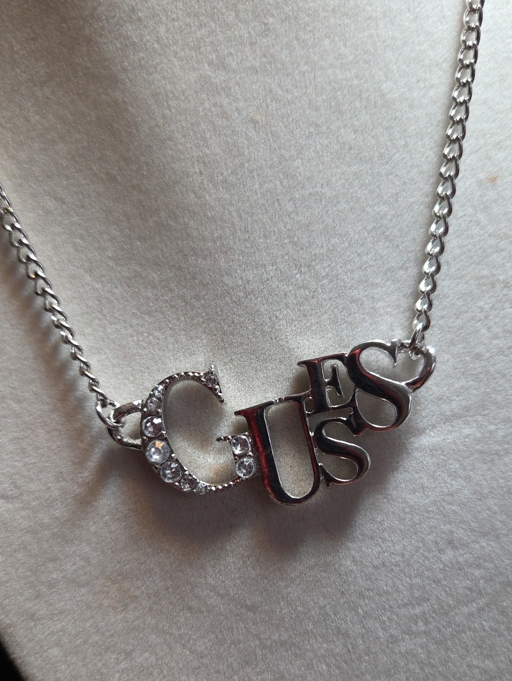 Silvertone "Guess' Crystal Letter Pendant Necklace